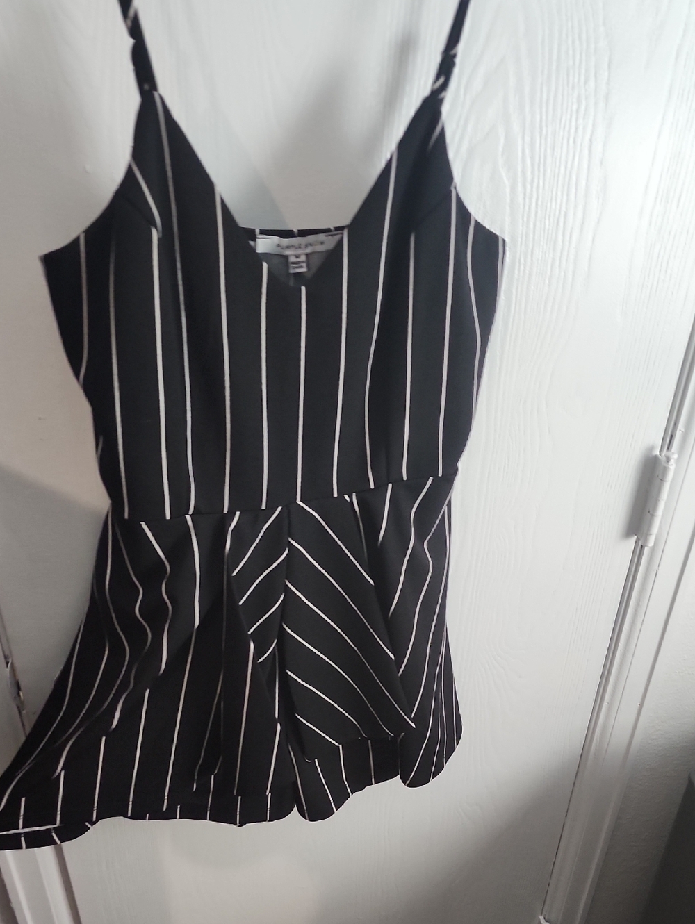 Purple Snow Black and White Pinstripe V-Neck Top